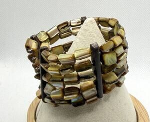 intage Golden Abalone Shell Chip 5 Strand Memory Wire Cuff Bracelet 1.5" Wide